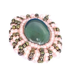 Vtg natural green cab with pink and ab green glass beads round pierced earrings